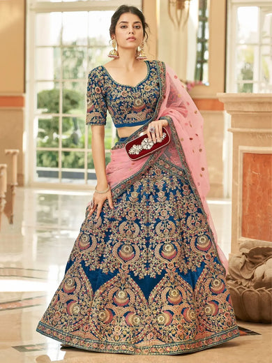 Attractive Blue Heavy Embroidery Velvet Wedding Wear Lehenga Choli - Ethnic Plus In